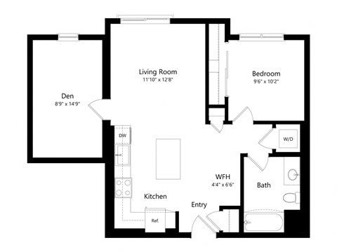 Floor plan for 1 bed, 1 bath, 809 sqft